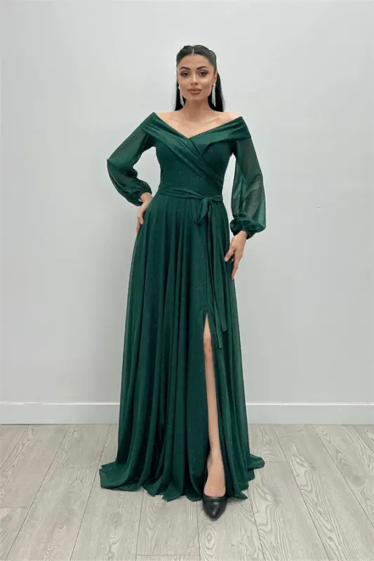 Lace-up Sleeve Belted Glittery Tulle Dress - EMERALD GREEN - 6