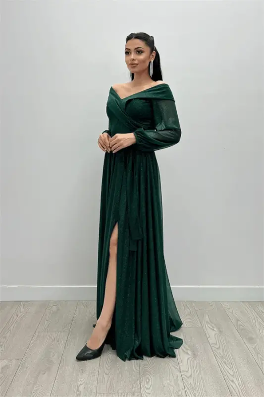 Lace-up Sleeve Belted Glittery Tulle Dress - EMERALD GREEN - 1