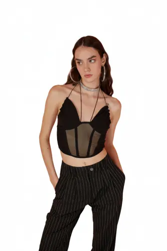 Lace-up Tulle Sasha Blouse Black - 3