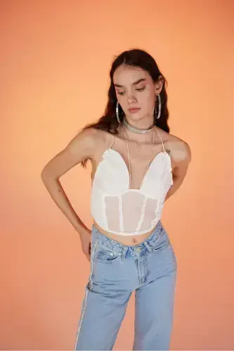 Lace-Up Tulle Sasha Blouse White-White - 1