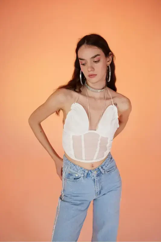 Lace-Up Tulle Sasha Blouse White-White - 1