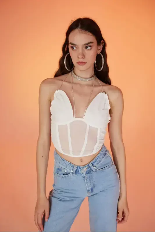 Lace-Up Tulle Sasha Blouse White-White - 2