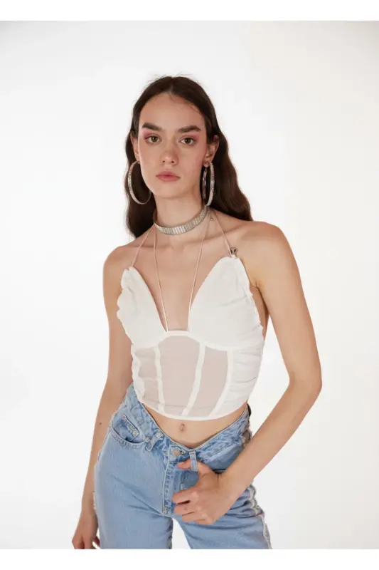 Lace-Up Tulle Sasha Blouse White-White - HOLLY LOLLY