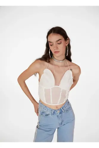 Lace-Up Tulle Sasha Blouse White-White - 2