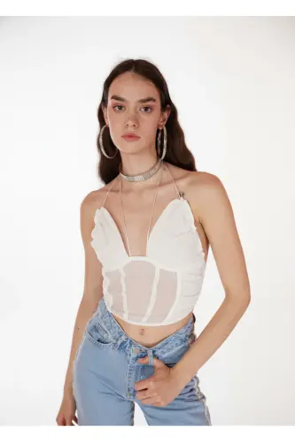 Lace-Up Tulle Sasha Blouse White-White - HOLLY LOLLY (1)