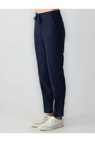 Lacivert %100 Keten Yüksek Bel Normal Paça Pantolon - Lacivert - 4