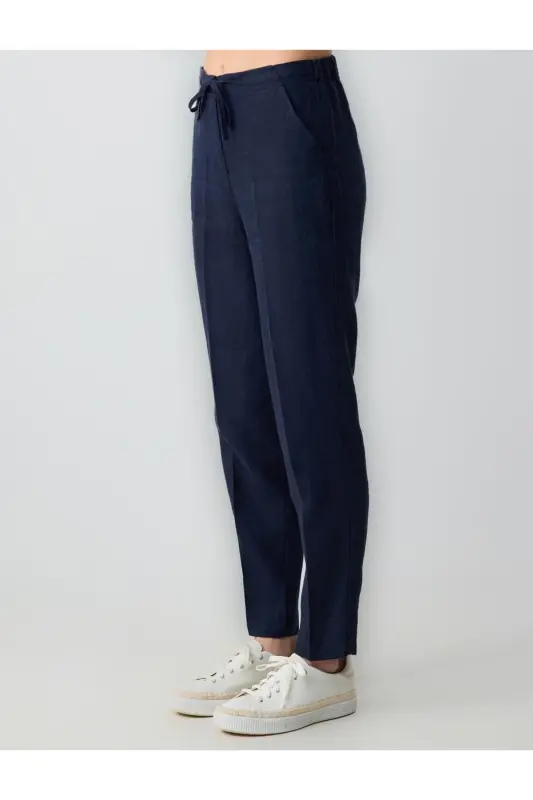 Lacivert %100 Keten Yüksek Bel Normal Paça Pantolon - Lacivert - 4
