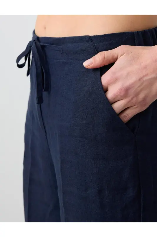 Lacivert %100 Keten Yüksek Bel Normal Paça Pantolon - Lacivert - 5