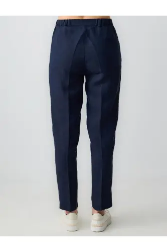 Lacivert %100 Keten Yüksek Bel Normal Paça Pantolon - Lacivert - 6