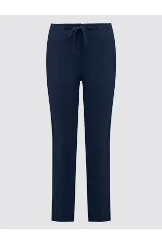 Lacivert %100 Keten Yüksek Bel Normal Paça Pantolon - Lacivert - 7