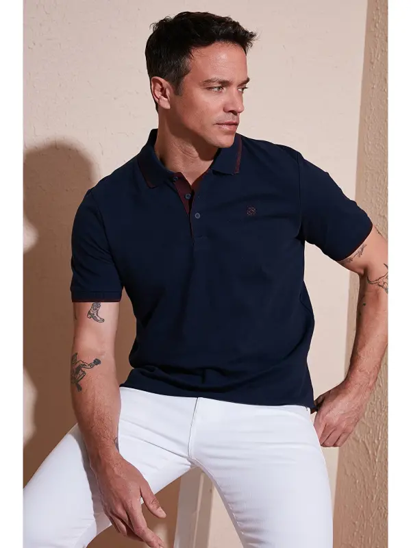 Lacivert %100 Pamuk Düğmeli Slim Fit Erkek Polo Yaka Tişört 5902118-Lacivert - LC WAIKIKI