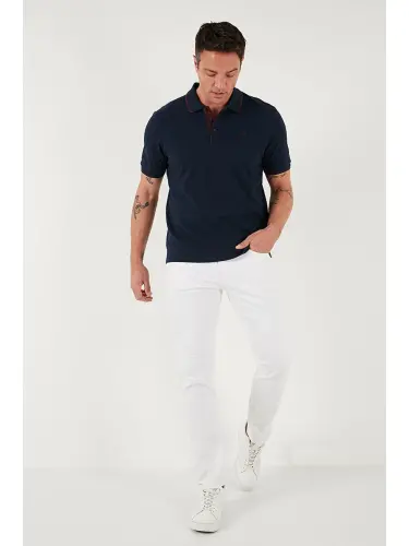 Lacivert %100 Pamuk Düğmeli Slim Fit Erkek Polo Yaka Tişört 5902118-Lacivert - 3