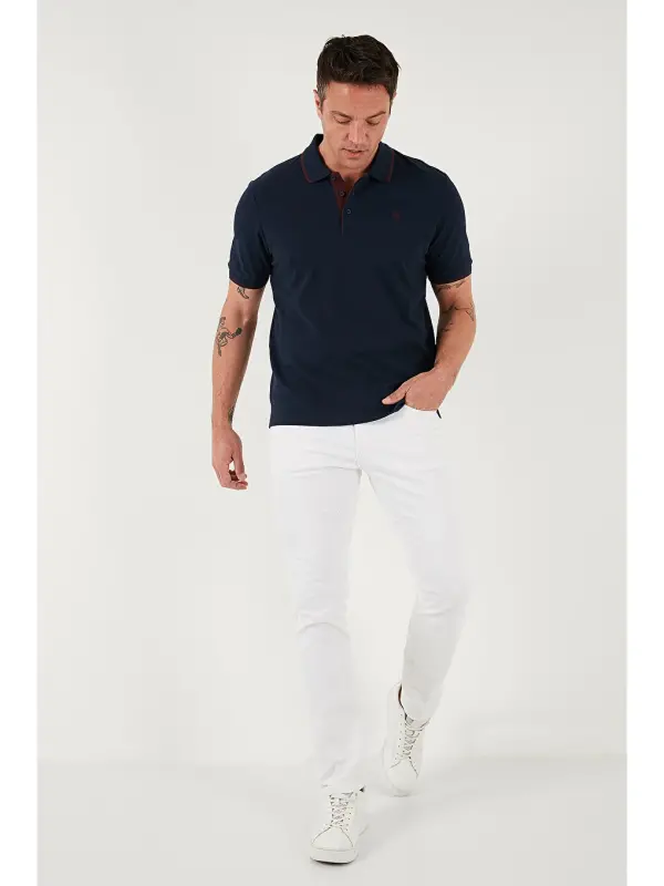 Lacivert %100 Pamuk Düğmeli Slim Fit Erkek Polo Yaka Tişört 5902118-Lacivert - 3
