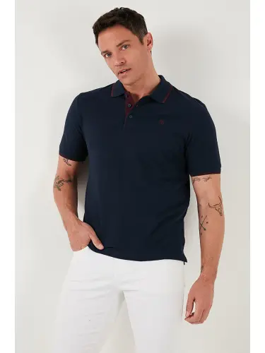 Lacivert %100 Pamuk Düğmeli Slim Fit Erkek Polo Yaka Tişört 5902118-Lacivert - 4