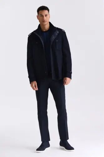 Lacivert-2 Slim Fit Hakim Yaka Apoletli Desenli Spor Kaşe Kaban - Jakamen (1)