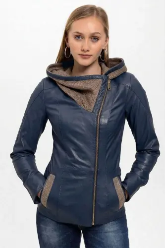 Lacivert Antonia Triko Kapüşonlu Kadın Hakiki Deri Mont-LACIVERT - 1