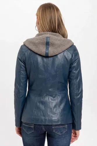Lacivert Antonia Triko Kapüşonlu Kadın Hakiki Deri Mont-LACIVERT - 3