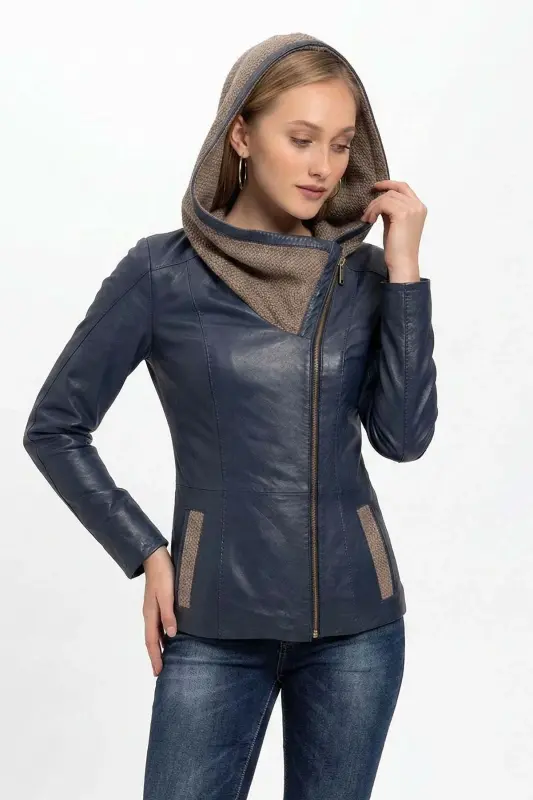 Lacivert Antonia Triko Kapüşonlu Kadın Hakiki Deri Mont-LACIVERT - 4