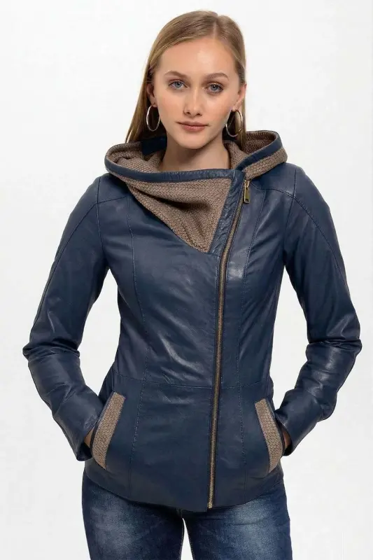 Lacivert Antonia Triko Kapüşonlu Kadın Hakiki Deri Mont-LACIVERT - DERIDERIM