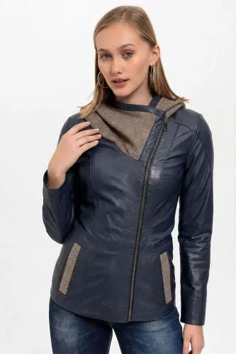 Lacivert Antonia Triko Kapüşonlu Kadın Hakiki Deri Mont-LACIVERT - DERIDERIM (1)