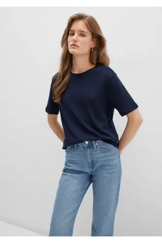 Lacivert Basic Tişört Semi Slim Fit / Yarı Dar Kesim 1612916-86623-Mavi 