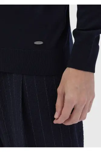 Lacivert Bato Yaka Düz Örgü Yün Karışımlı Triko Kazak-Lacivert - 4