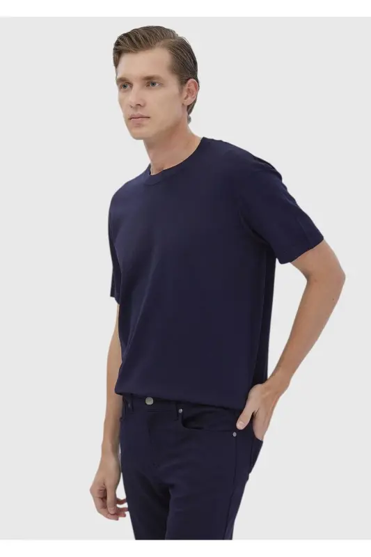 Lacivert Bisiklet Yaka Düz Örgü Triko-Lacivert - 1