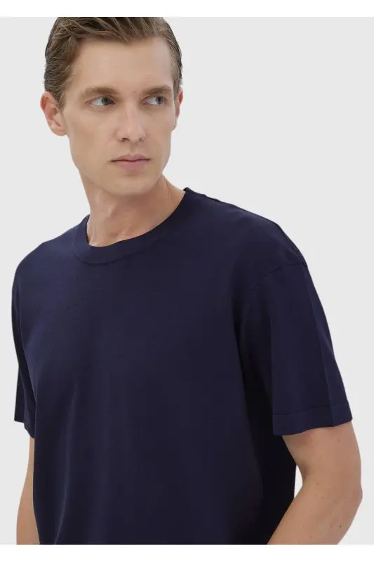 Lacivert Bisiklet Yaka Düz Örgü Triko-Lacivert - 3