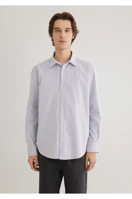 Lacivert chiziqli oq ko'ylak Regular Fit / Normal - 4