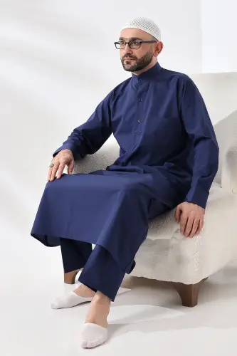 Lacivert Çınar Dagron Kumaş Erkek Hac Umre Kıyafeti Fistan Takımı - Lacivert - 5
