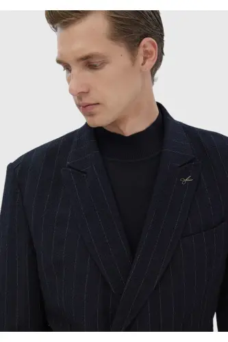Lacivert Çizgili Comfort Fit Pamuk Karışımlı Takım Elbise - 6 Drop - 4