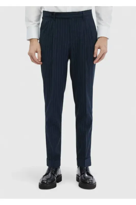 Lacivert Çizgili Dokuma Carrot Fit Klasik Pantolon - 3