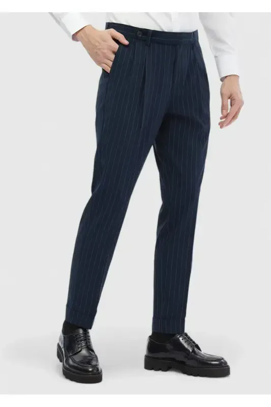 Lacivert Çizgili Dokuma Carrot Fit Klasik Pantolon - 4