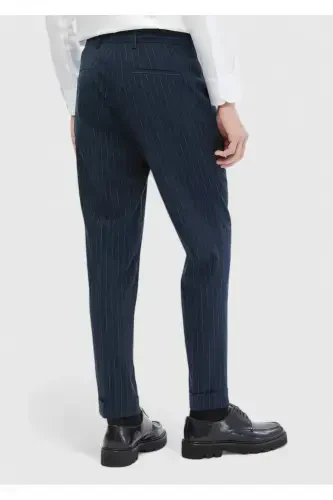Lacivert Çizgili Dokuma Carrot Fit Klasik Pantolon - 6