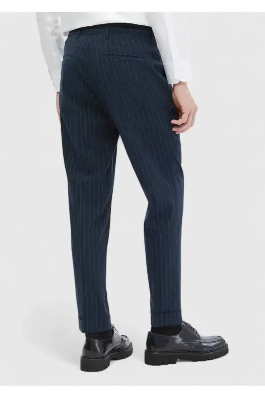 Lacivert Çizgili Dokuma Carrot Fit Klasik Pantolon - 6