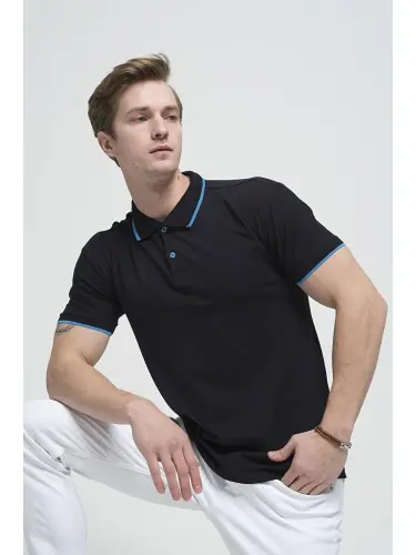 Lacivert Colton Yakası Biyeli Likralı Slim Fit Erkek Polo Yaka Tişört-Lacivert - 1
