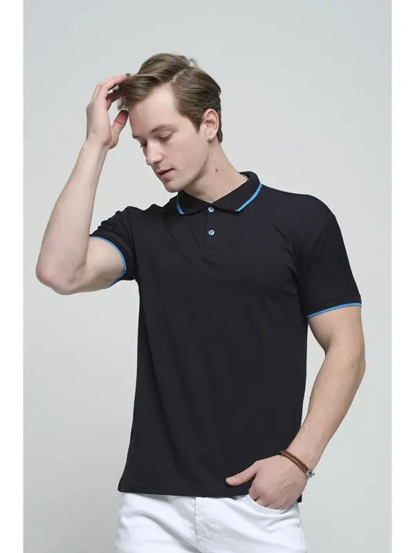 Lacivert Colton Yakası Biyeli Likralı Slim Fit Erkek Polo Yaka Tişört-Lacivert - 3