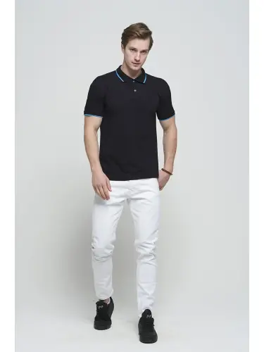 Lacivert Colton Yakası Biyeli Likralı Slim Fit Erkek Polo Yaka Tişört-Lacivert - 4