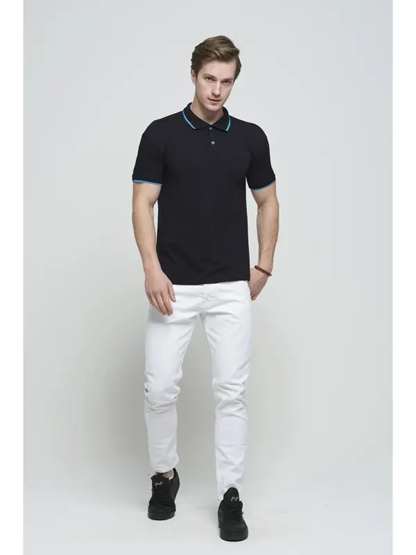 Lacivert Colton Yakası Biyeli Likralı Slim Fit Erkek Polo Yaka Tişört-Lacivert - 4