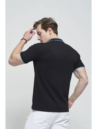 Lacivert Colton Yakası Biyeli Likralı Slim Fit Erkek Polo Yaka Tişört-Lacivert - 5