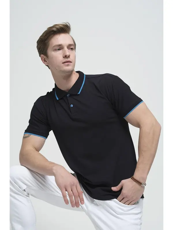 Lacivert Colton Yakası Biyeli Likralı Slim Fit Erkek Polo Yaka Tişört-Lacivert - LC WAIKIKI