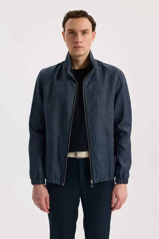 Lacivert Comfort Fit %100 Keten Mevsimlik Spor Mont - 1