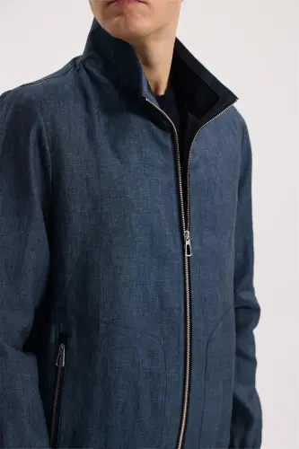 Lacivert Comfort Fit %100 Keten Mevsimlik Spor Mont - 3