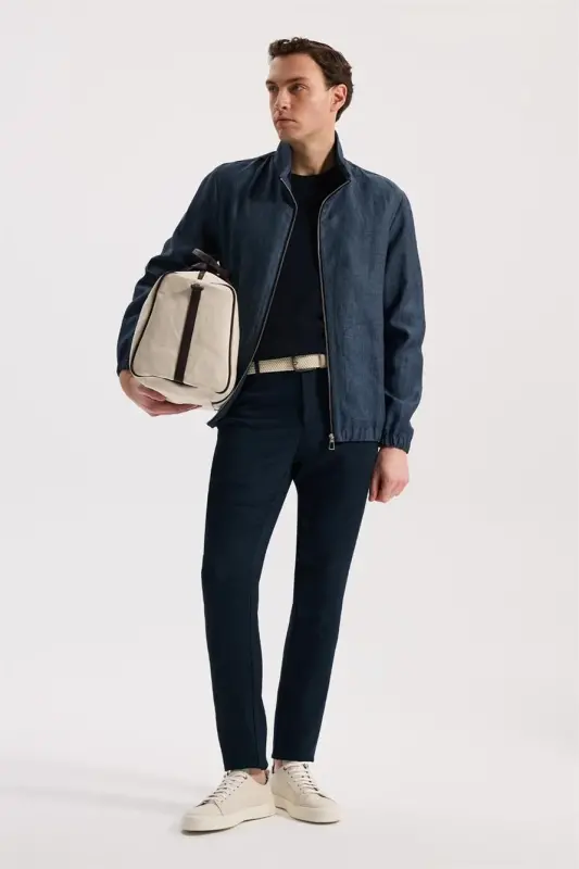 Lacivert Comfort Fit %100 Keten Mevsimlik Spor Mont - 2