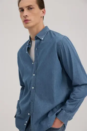 Lacivert Comfort Fit %100 Pamuk Denim Gömlek - 3