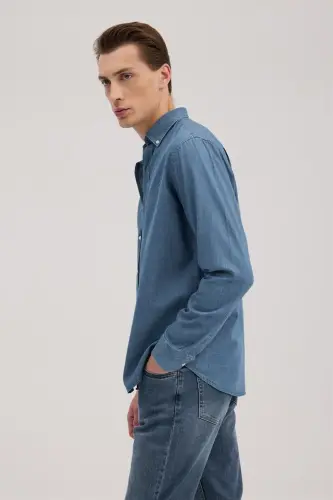 Lacivert Comfort Fit %100 Pamuk Denim Gömlek - 4