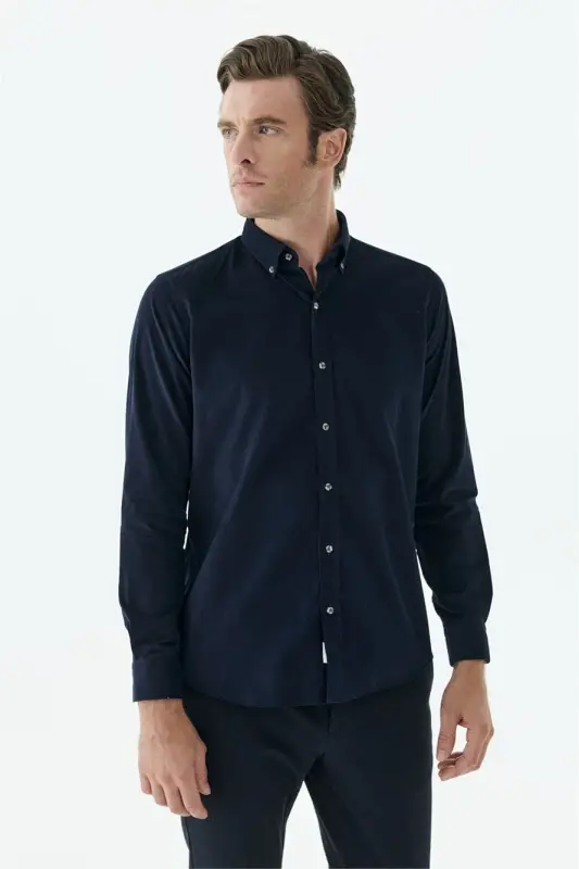 Lacivert Comfort Fit %100 Pamuk Kadife Gömlek - 3