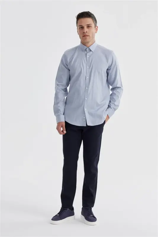 Lacivert Comfort Fit %100 Pamuk Piti Kare Gömlek - 1
