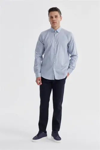 Lacivert Comfort Fit %100 Pamuk Piti Kare Gömlek - 1