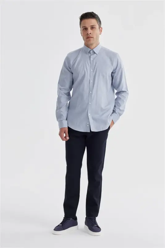 Lacivert Comfort Fit %100 Pamuk Piti Kare Gömlek - JAKAMEN